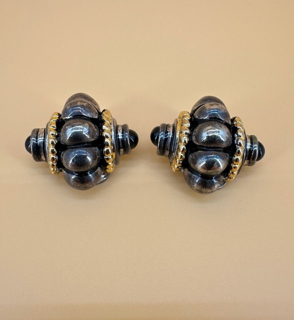 Vintage Etruscan Style Earrings Curved Huggie Silver Gold Tone 1990s Runway